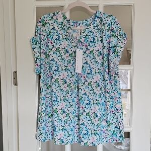 Dear Scarlett BoutiqueWhite and Blue Top Blouse Short Sleeve Nwt XL Fits Like 1X